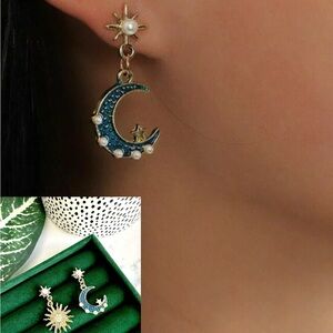 Celestial Sun Moon Star Earrings Crystal Rhinestone Gold Tone Bohemian Gift NEW
